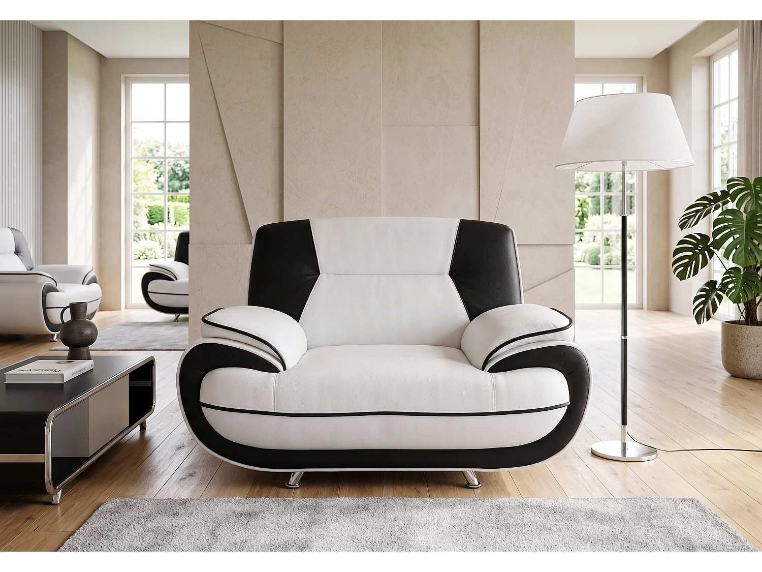 Fauteuil PALERMO – fauteuil élégant pour le salon en éco-cuir SOFT blanc-noir