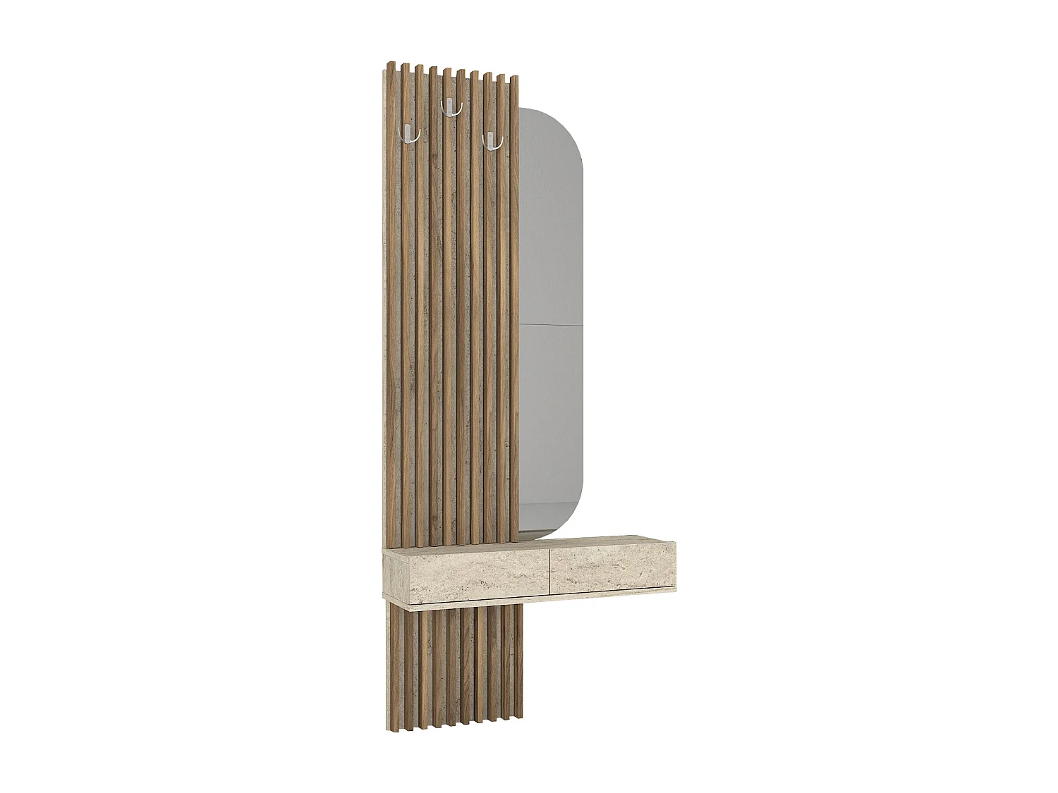 Console suspendue avec miroir, 2 portes et 3 patères - Effet travertin beige et naturel foncé - MERYDA