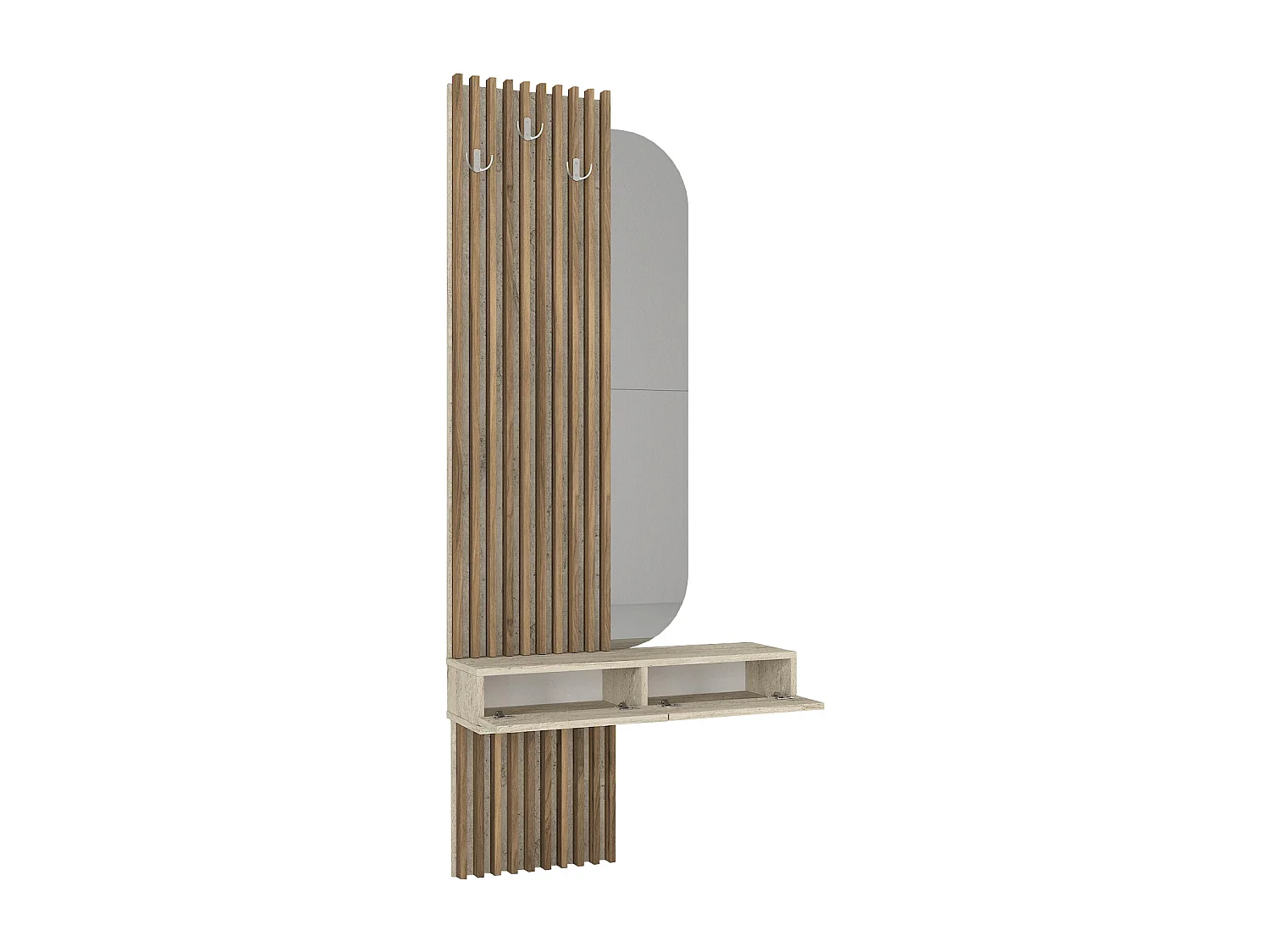 Console suspendue avec miroir, 2 portes et 3 patères - Effet travertin beige et naturel foncé - MERYDA
