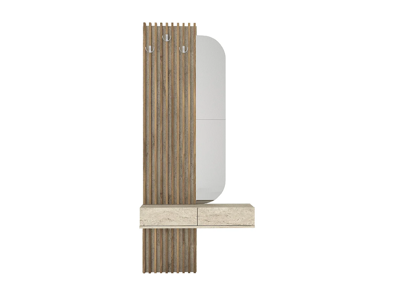Console suspendue avec miroir, 2 portes et 3 patères - Effet travertin beige et naturel foncé - MERYDA