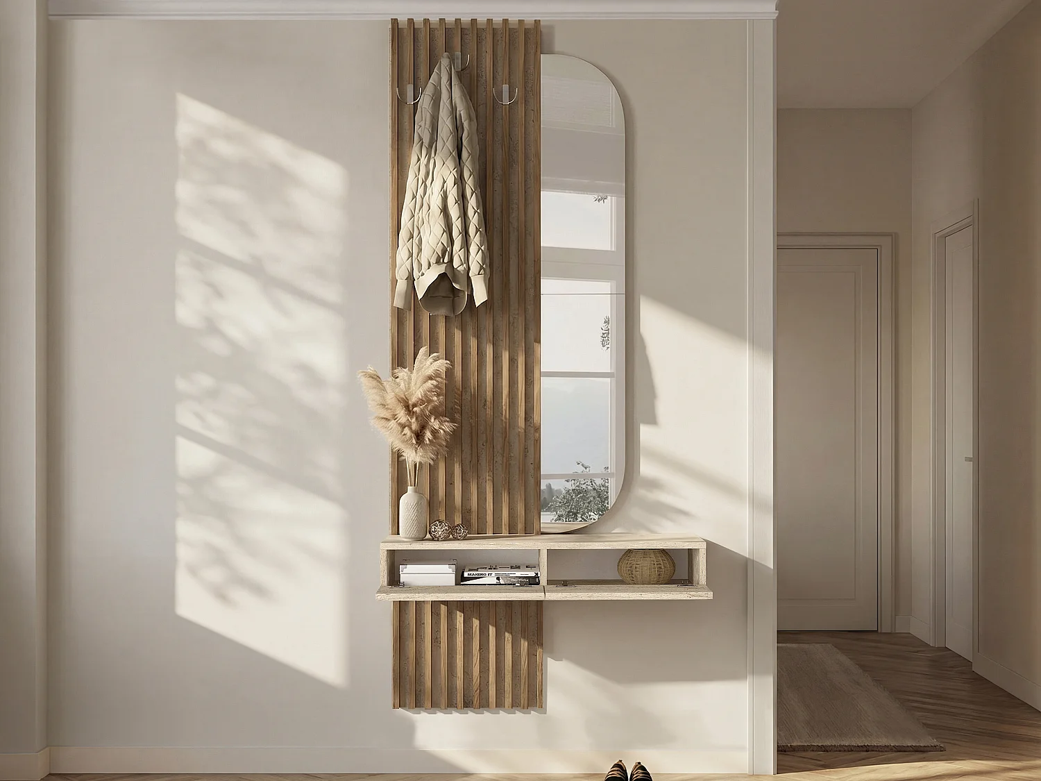 Console suspendue avec miroir, 2 portes et 3 patères - Effet travertin beige et naturel foncé - MERYDA