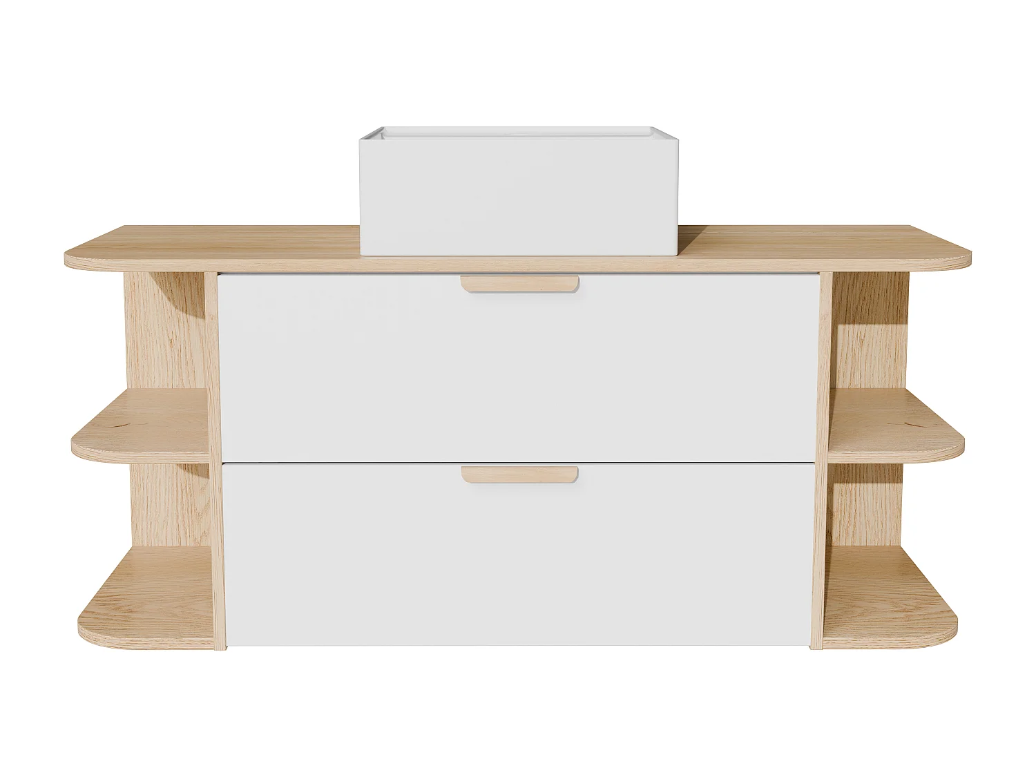 Meuble de salle de bain suspendu avec niches et vasque à poser carrée – Blanc et naturel clair – L120 cm – AVORELI