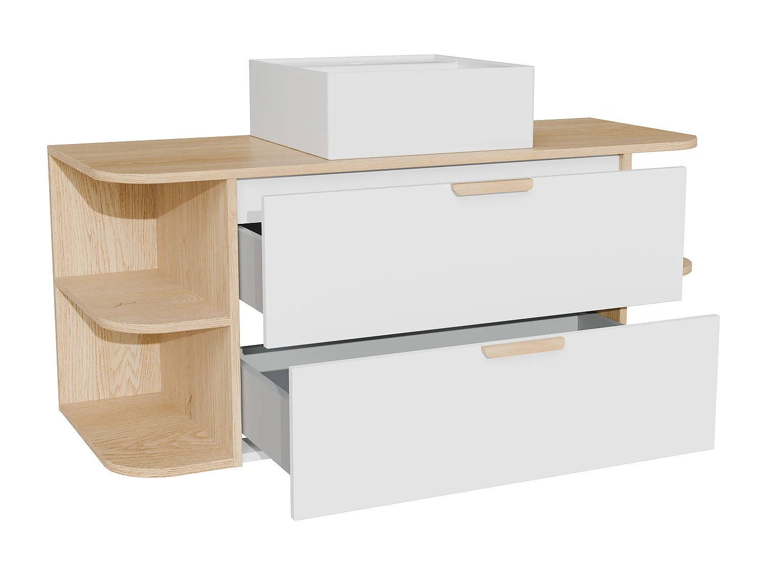 Meuble de salle de bain suspendu avec niches et vasque à poser carrée – Blanc et naturel clair – L120 cm – AVORELI