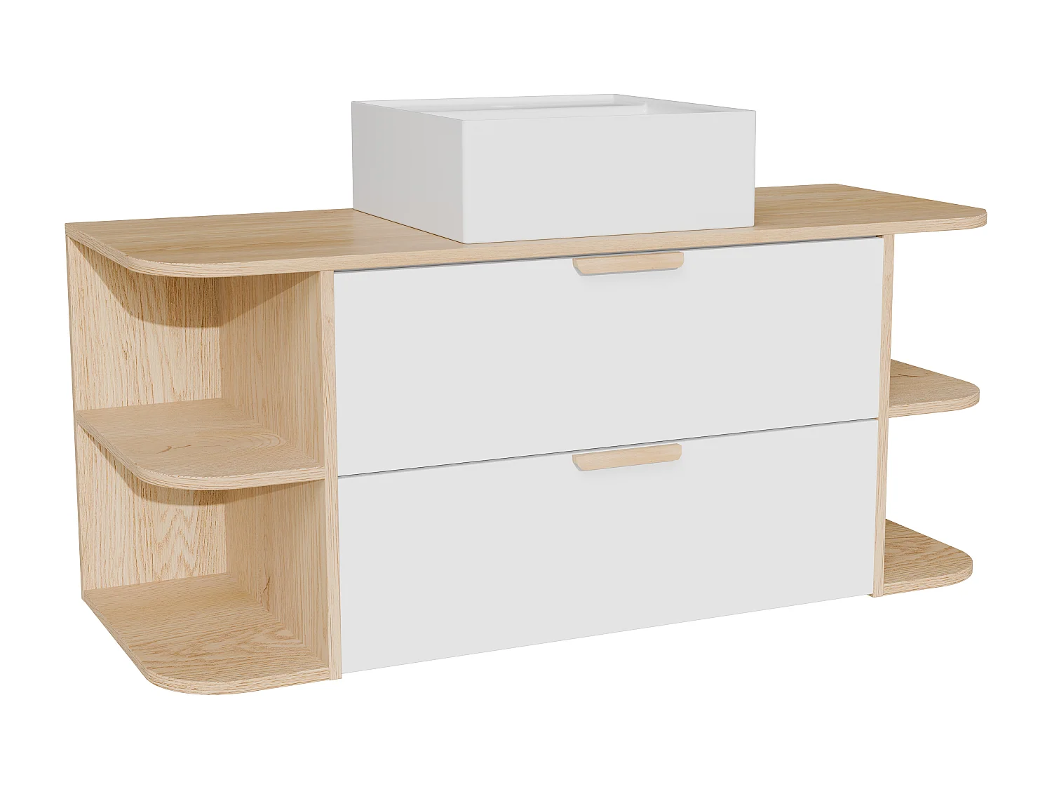 Meuble de salle de bain suspendu avec niches et vasque à poser carrée – Blanc et naturel clair – L120 cm – AVORELI