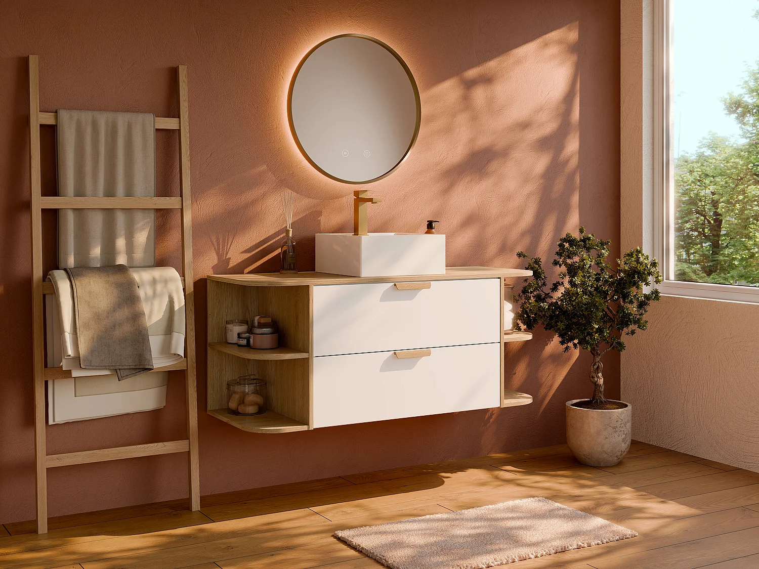 Meuble de salle de bain suspendu avec niches et vasque à poser carrée – Blanc et naturel clair – L120 cm – AVORELI