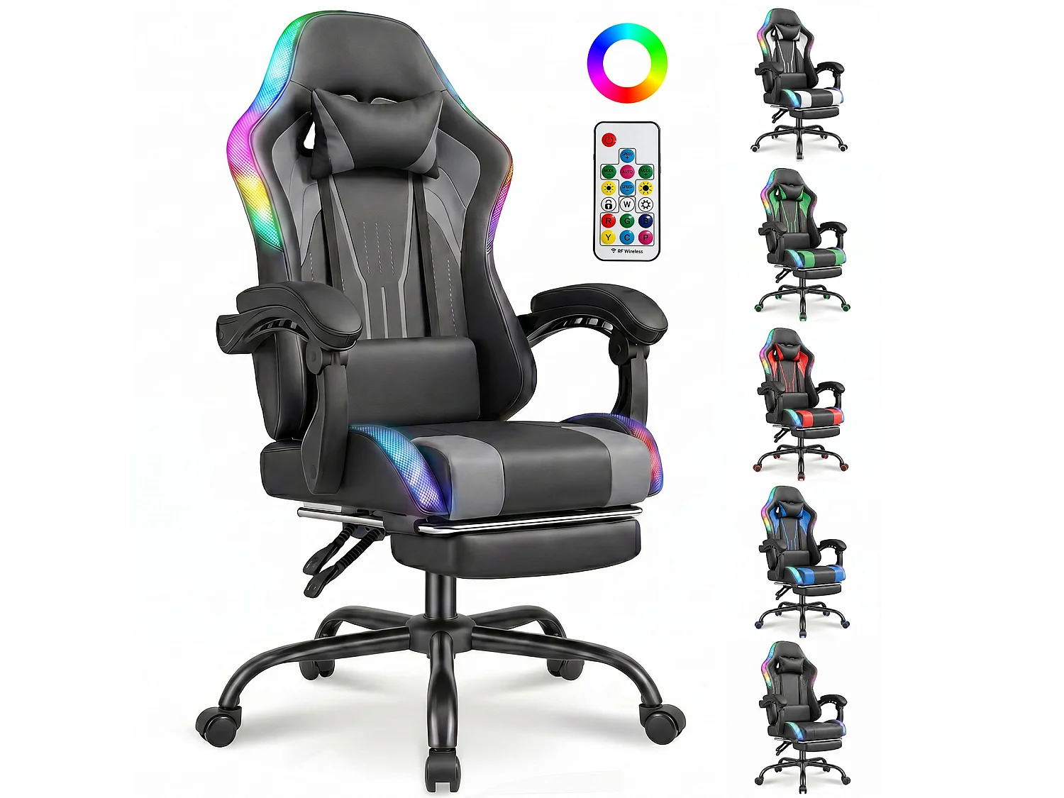 Fauteuil gaming avec éclairage RGB et LED, similicuir noir, fauteuil d’ordinateur avec repose-pieds, appui-tête et coussin lombaire, chaise de bureau ergonomique