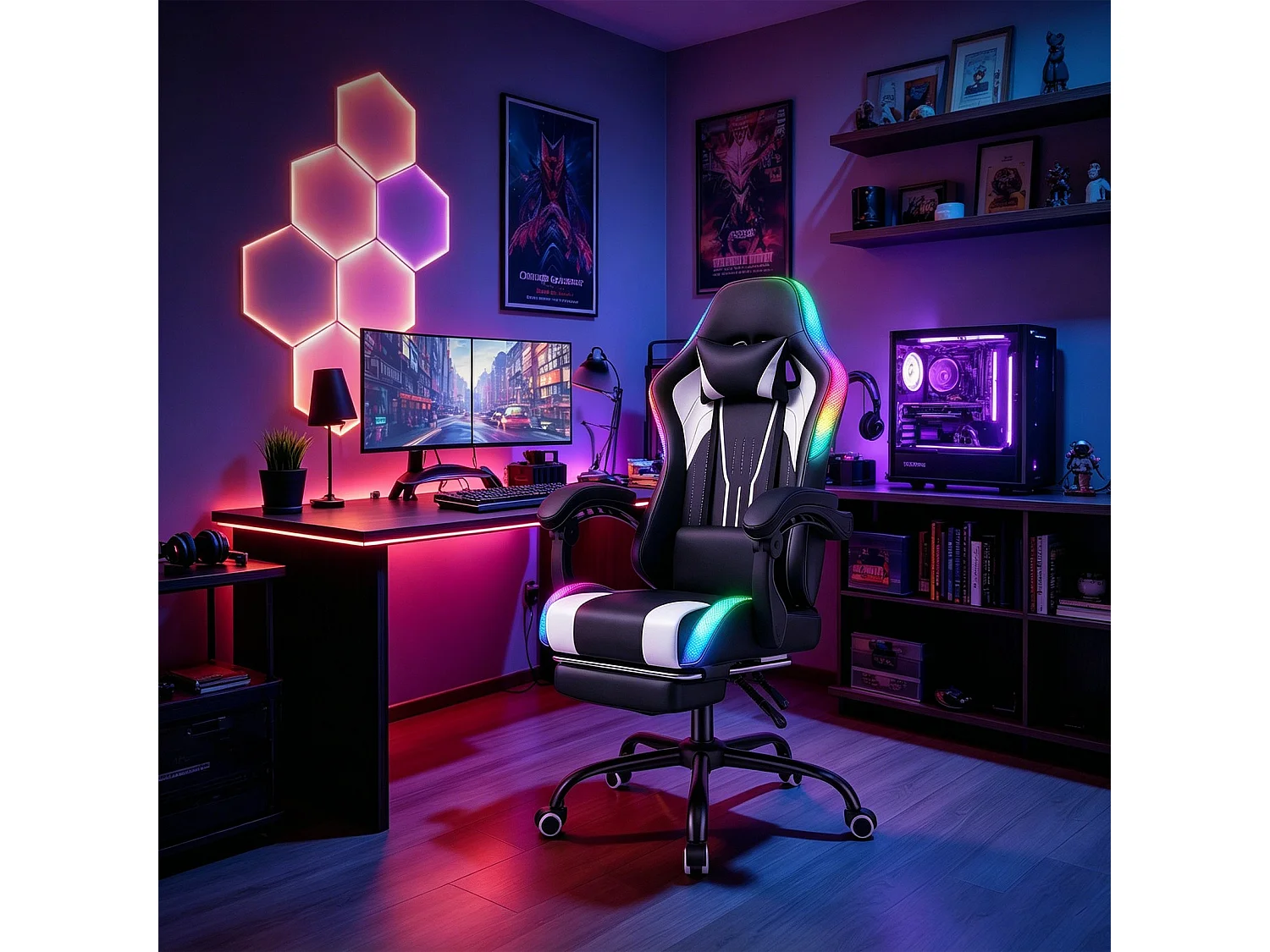 Fauteuil gaming avec éclairage RGB et LED, similicuir noir, fauteuil d’ordinateur avec repose-pieds, appui-tête et coussin lombaire, chaise de bureau ergonomique