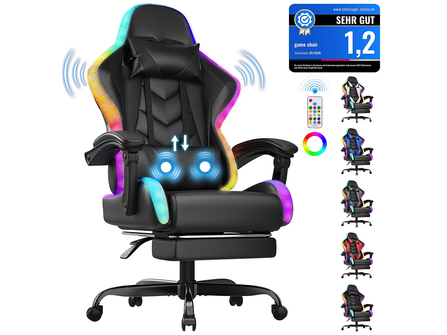 DEVOKE Fauteuil gaming LED RGB similicuir noir, ergonomique avec repose-pieds, appui-tête et coussin,Fauteuil gaming avec fonction massage