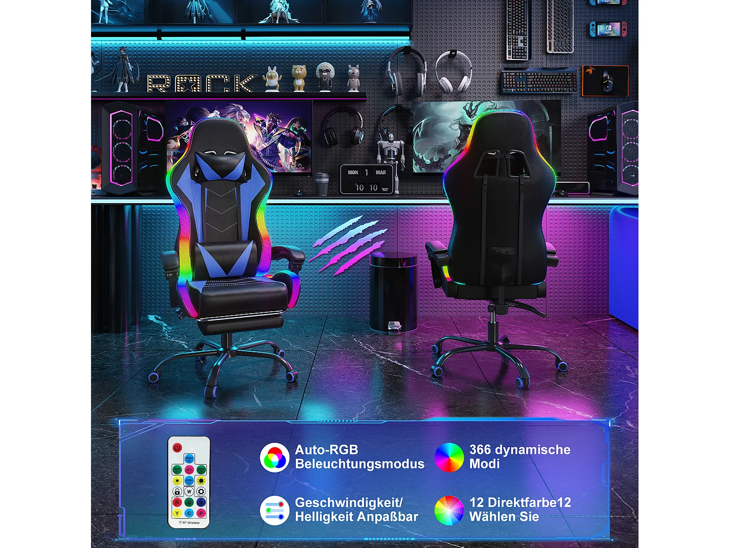 DEVOKE Fauteuil gaming LED RGB similicuir noir, ergonomique avec repose-pieds, appui-tête et coussin,Fauteuil gaming avec fonction massage
