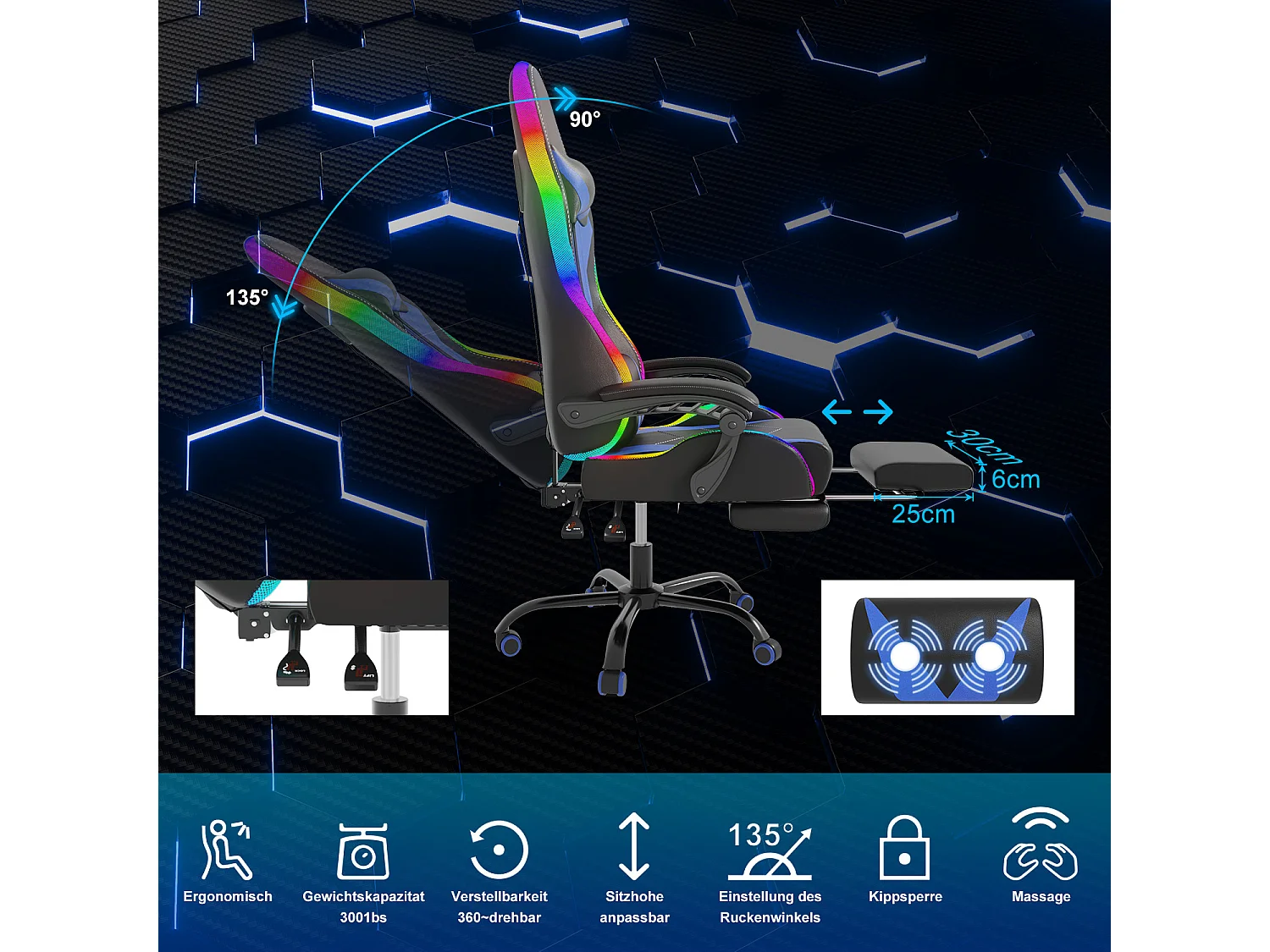 DEVOKE Fauteuil gaming LED RGB similicuir noir, ergonomique avec repose-pieds, appui-tête et coussin,Fauteuil gaming avec fonction massage
