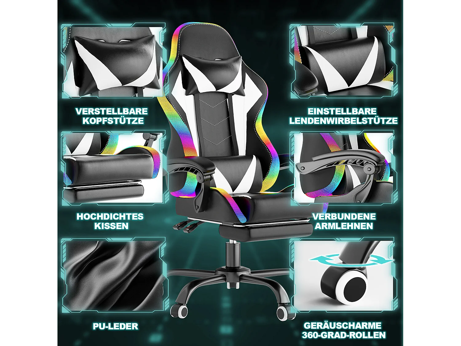 DEVOKE Fauteuil gaming LED RGB similicuir noir, ergonomique avec repose-pieds, appui-tête et coussin,Fauteuil gaming avec fonction massage