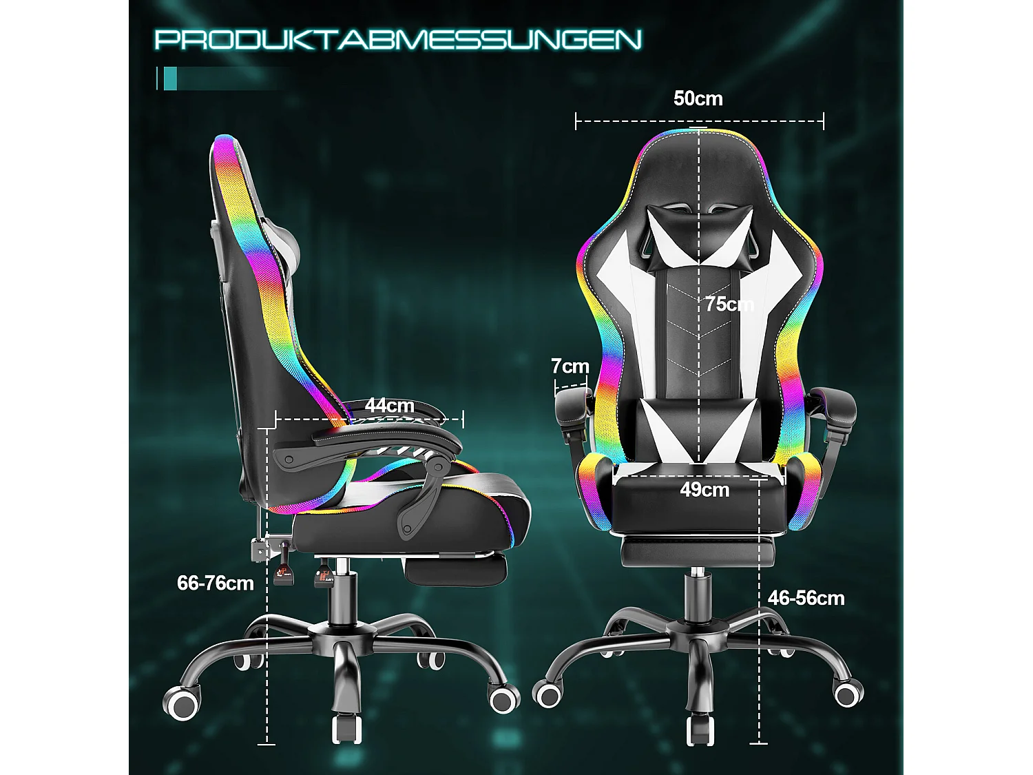 DEVOKE Fauteuil gaming LED RGB similicuir noir, ergonomique avec repose-pieds, appui-tête et coussin,Fauteuil gaming avec fonction massage