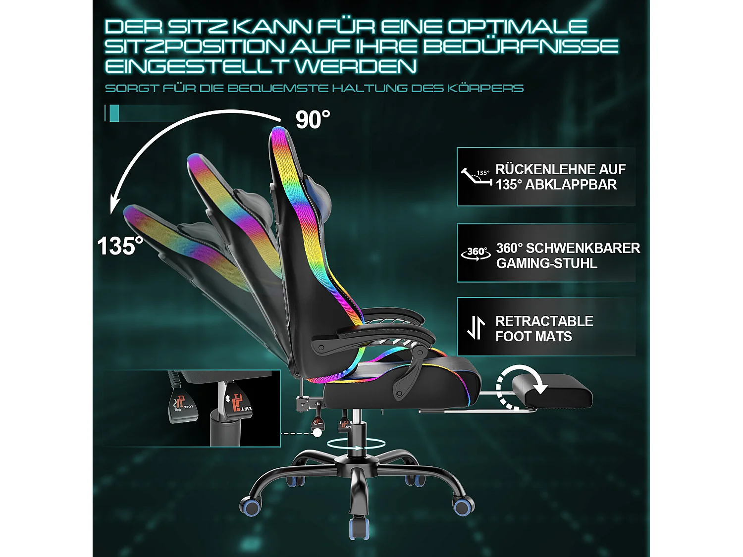 DEVOKE Fauteuil gaming LED RGB similicuir noir, ergonomique avec repose-pieds, appui-tête et coussin,Fauteuil gaming avec fonction massage