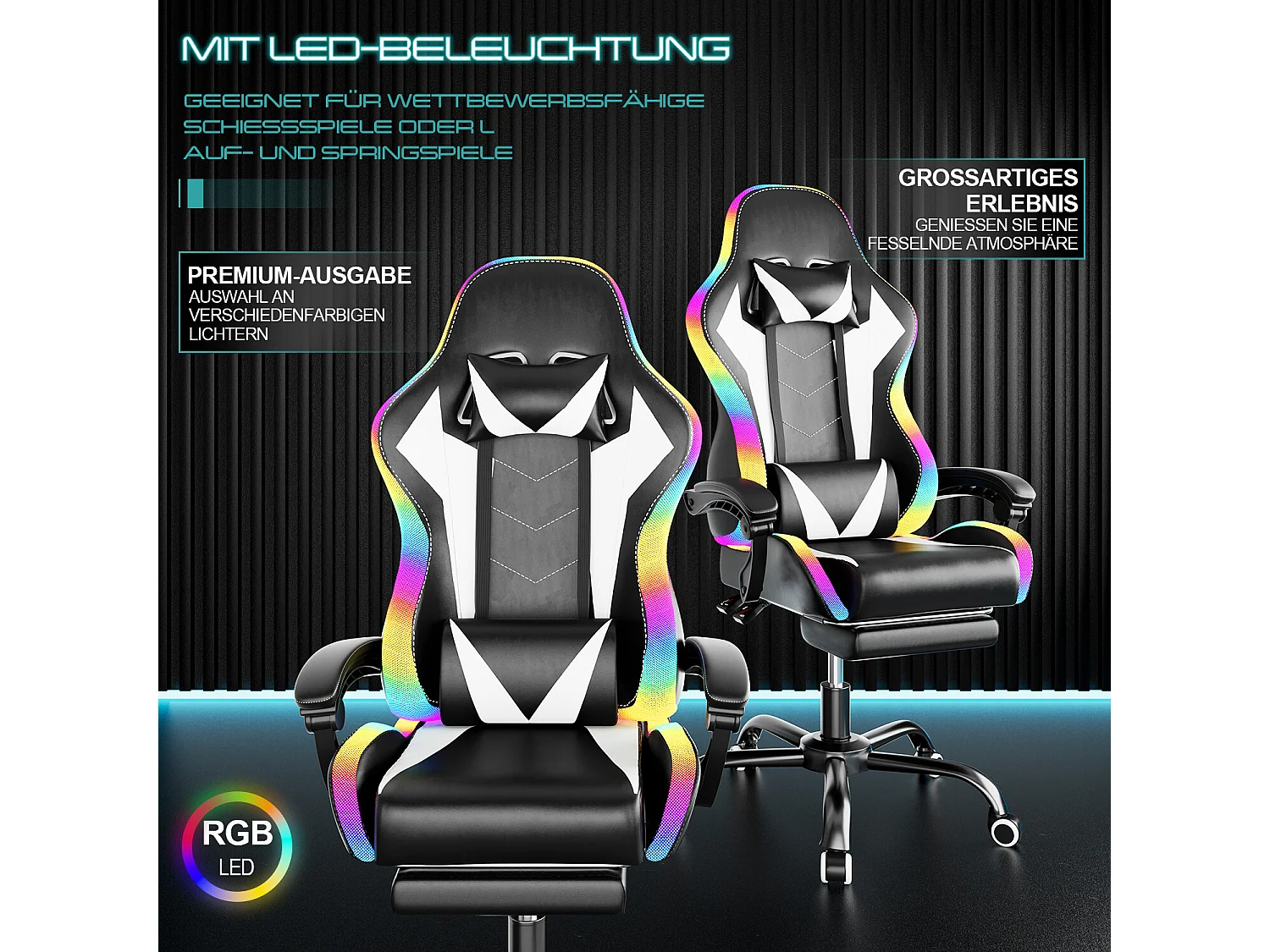 DEVOKE Fauteuil gaming LED RGB similicuir noir, ergonomique avec repose-pieds, appui-tête et coussin,Fauteuil gaming avec fonction massage