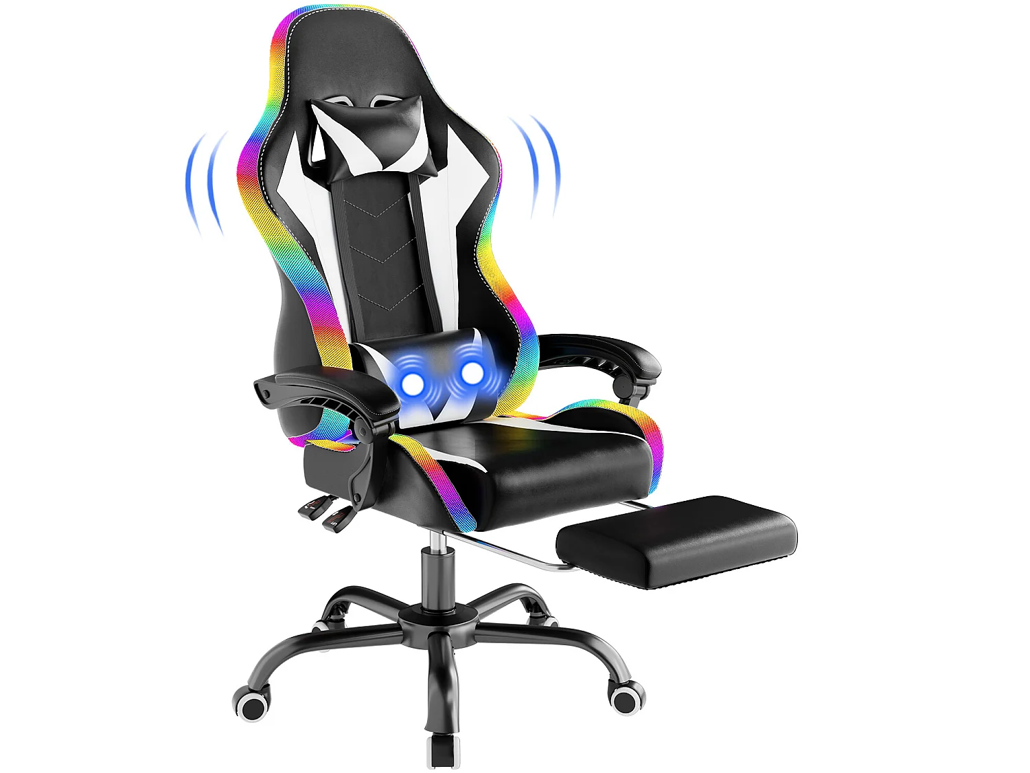 DEVOKE Fauteuil gaming LED RGB similicuir noir, ergonomique avec repose-pieds, appui-tête et coussin,Fauteuil gaming avec fonction massage