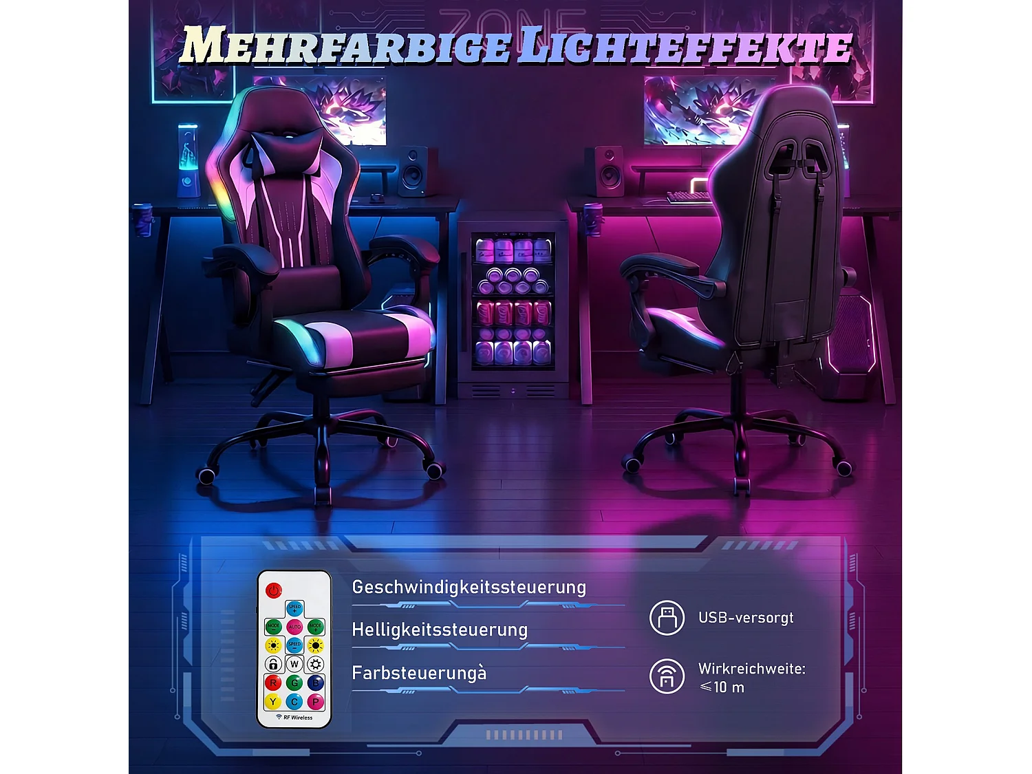 Fauteuil gaming avec éclairage RGB et LED, similicuir noir, fauteuil d’ordinateur avec repose-pieds, appui-tête et coussin lombaire, chaise de bureau ergonomique
