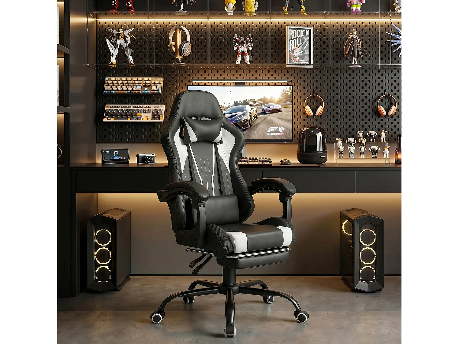 Fauteuil gaming avec éclairage RGB et LED, similicuir noir, fauteuil d’ordinateur avec repose-pieds, appui-tête et coussin lombaire, chaise de bureau ergonomique