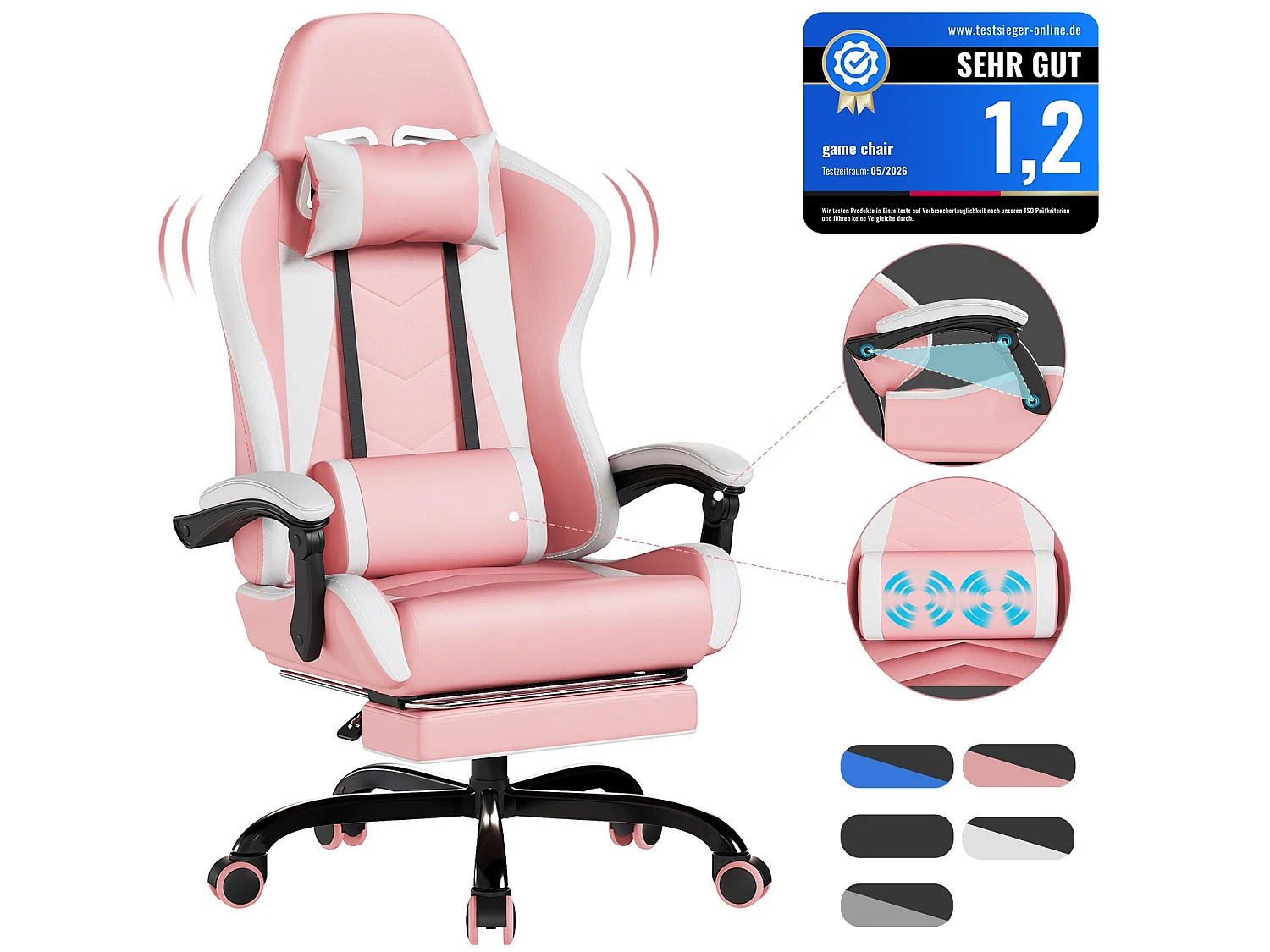 Fauteuil gaming DEVOKE avec repose-pieds, appui-tête et coussin de soutien, similicuir multicolore, fauteuil d’ordinateur ergonomique, chaise de bureau