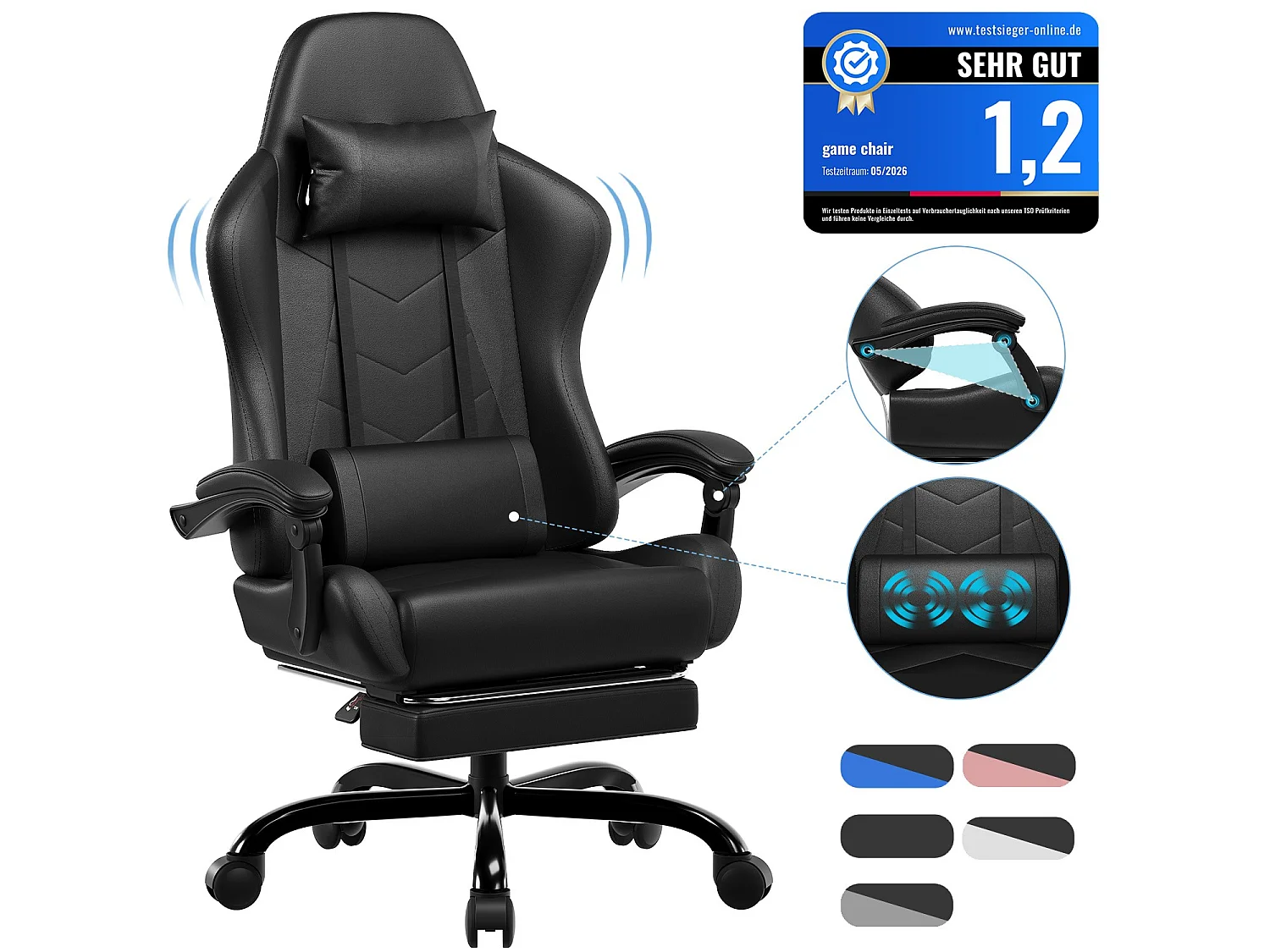 Fauteuil gaming DEVOKE avec repose-pieds, appui-tête et coussin de soutien, similicuir multicolore, fauteuil d’ordinateur ergonomique, chaise de bureau