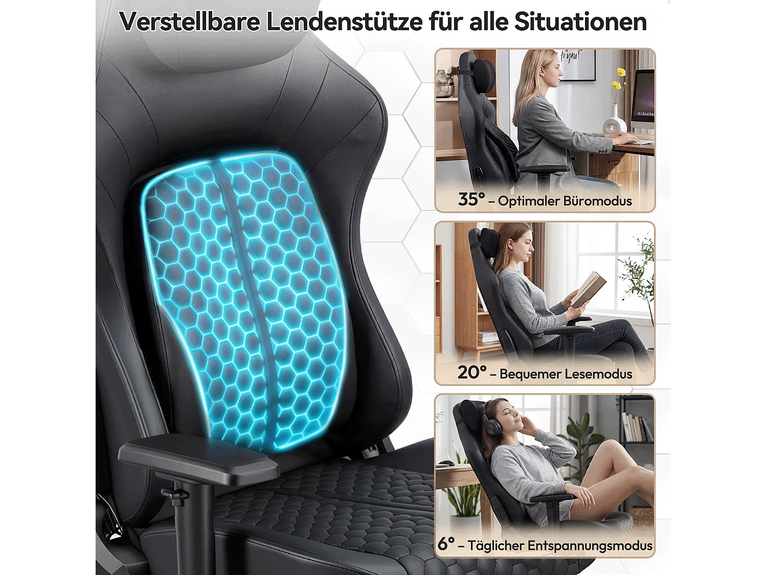 DEVOKE Fauteuil Gaming Ergonomique à Motif Hexagonal – Soutien Lombaire Réglable, Accoudoirs 2D, Similicuir Premium pour Bureau & Jeux