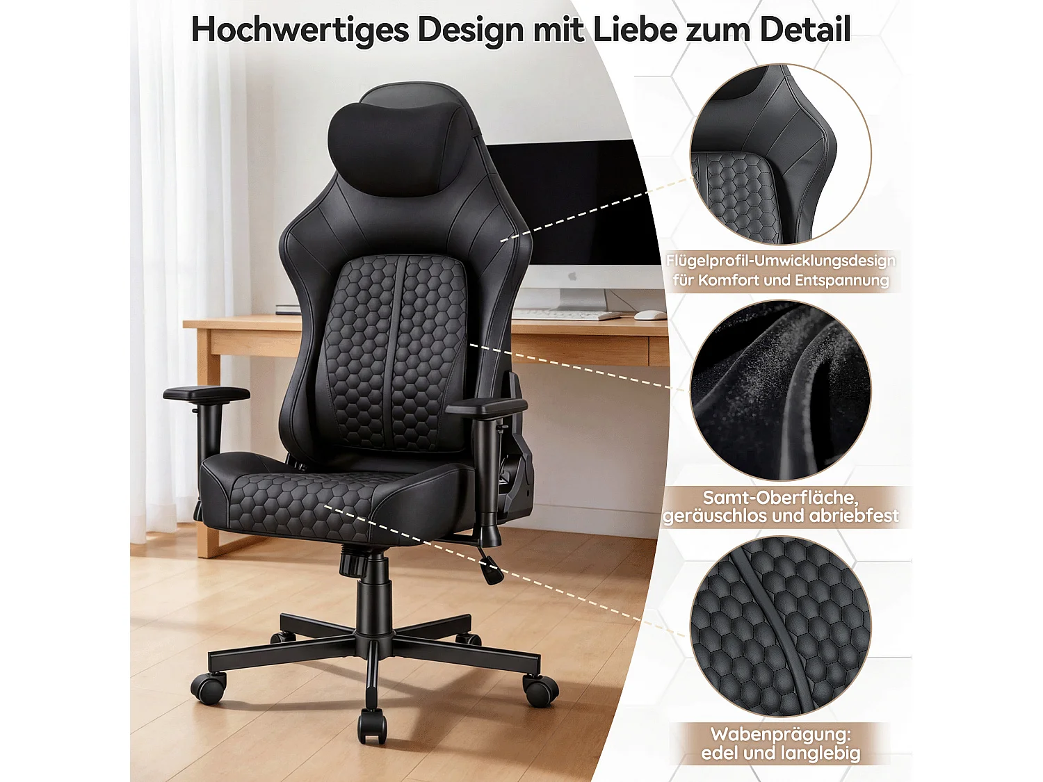 DEVOKE Fauteuil Gaming Ergonomique à Motif Hexagonal – Soutien Lombaire Réglable, Accoudoirs 2D, Similicuir Premium pour Bureau & Jeux