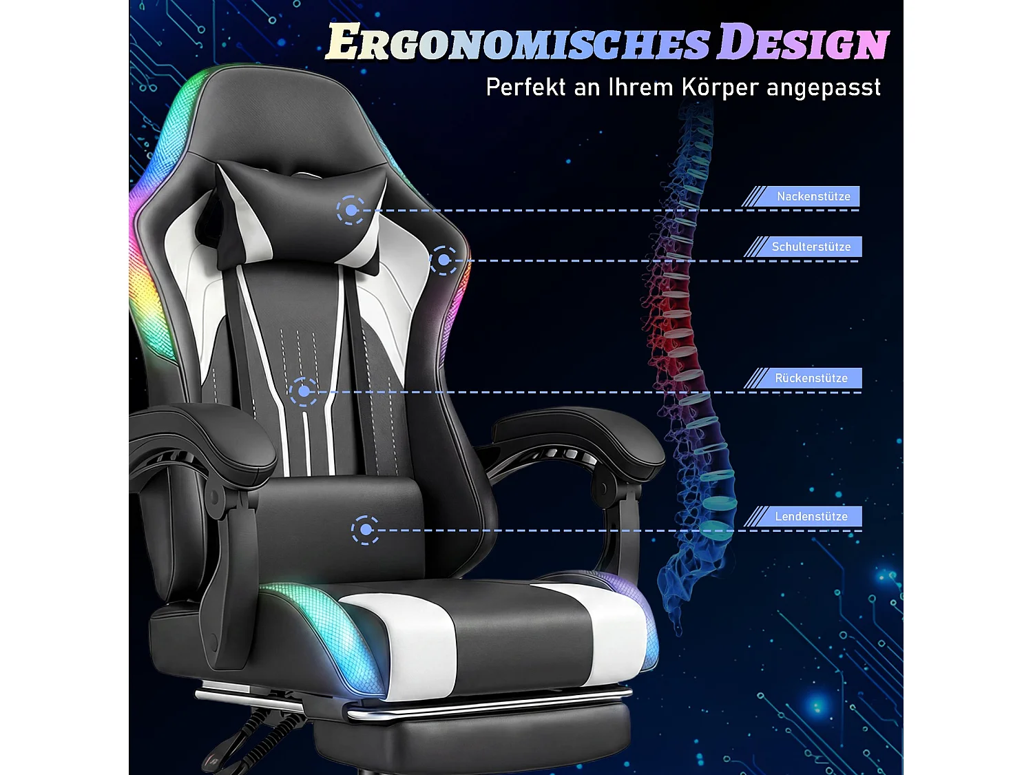 Fauteuil gaming avec éclairage RGB et LED, similicuir noir, fauteuil d’ordinateur avec repose-pieds, appui-tête et coussin lombaire, chaise de bureau ergonomique