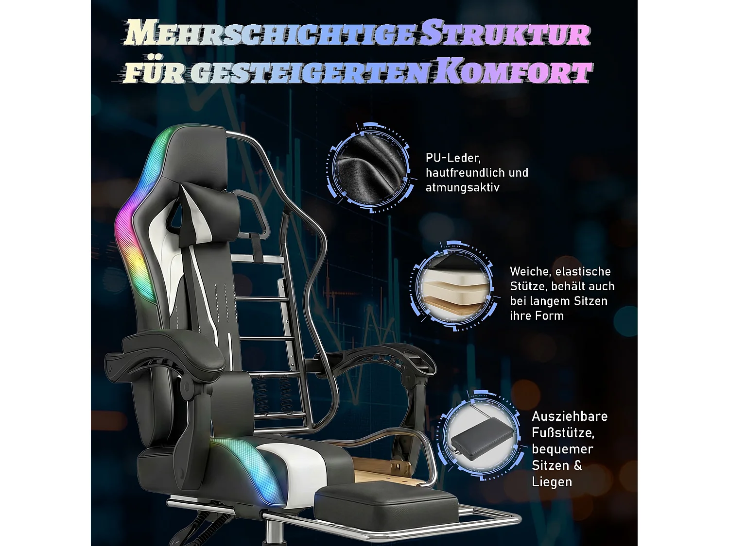 Fauteuil gaming avec éclairage RGB et LED, similicuir noir, fauteuil d’ordinateur avec repose-pieds, appui-tête et coussin lombaire, chaise de bureau ergonomique