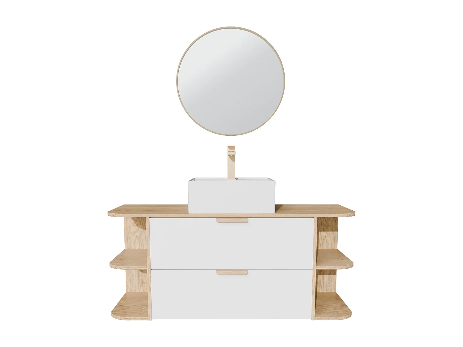 Meuble de salle de bain suspendu avec niches, vasque à poser carrée, robinet et miroir – Blanc et naturel clair – L120 cm – AVORELI