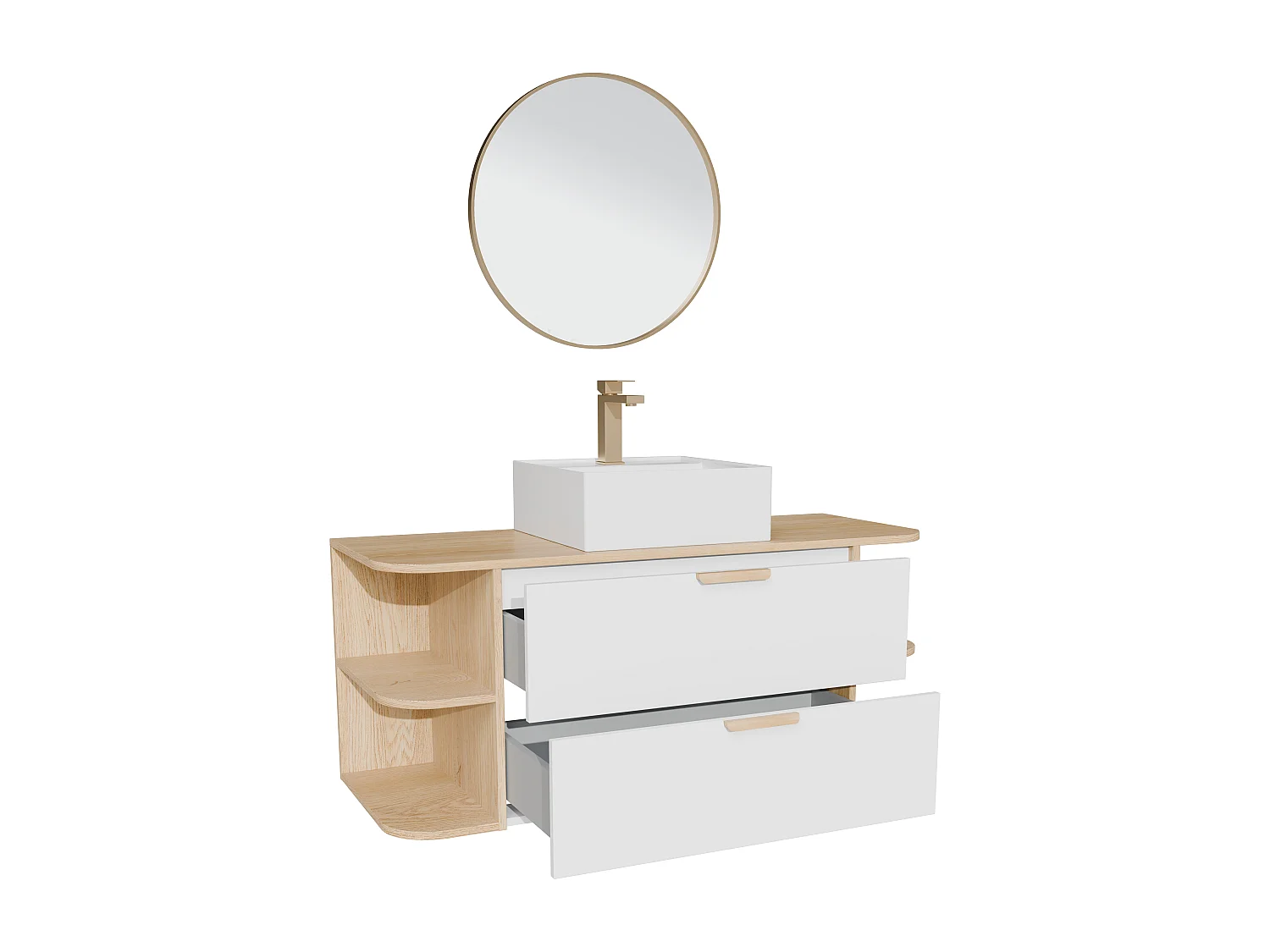 Meuble de salle de bain suspendu avec niches, vasque à poser carrée, robinet et miroir – Blanc et naturel clair – L120 cm – AVORELI