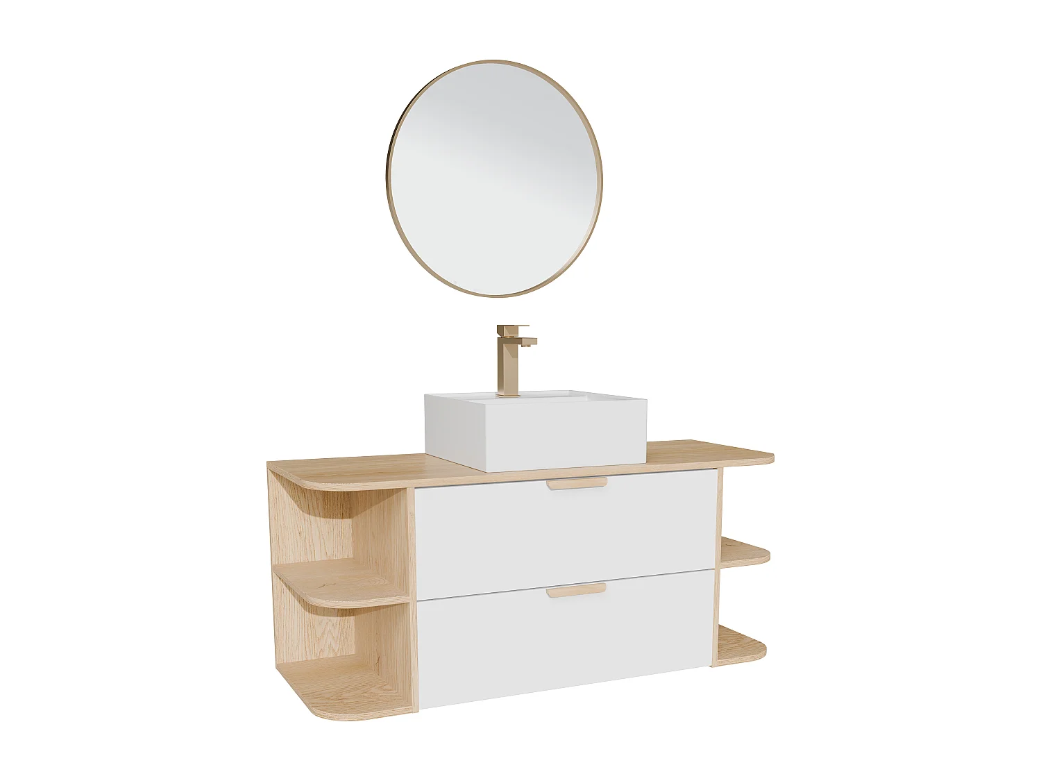 Meuble de salle de bain suspendu avec niches, vasque à poser carrée, robinet et miroir – Blanc et naturel clair – L120 cm – AVORELI