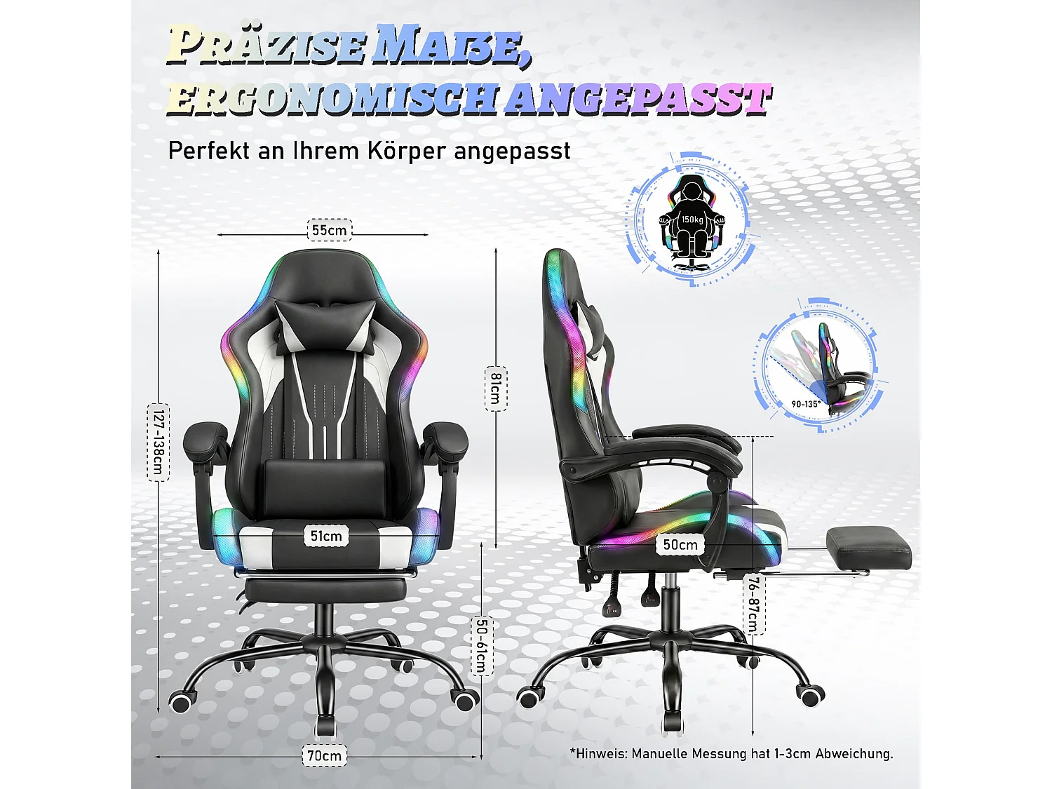 Fauteuil gaming avec éclairage RGB et LED, similicuir noir, fauteuil d’ordinateur avec repose-pieds, appui-tête et coussin lombaire, chaise de bureau ergonomique
