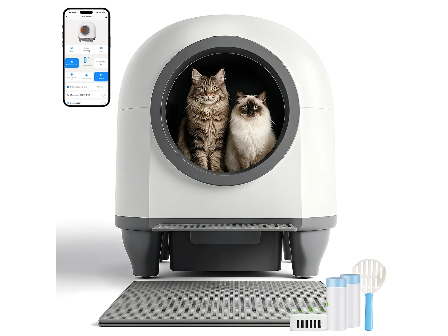 DEVOKE 90L Bac à litière pour chat autonettoyant, élimination des odeurs, équipé de capteurs infrarouges et contrôle APP, fourni avec sacs poubelle, taille extra l