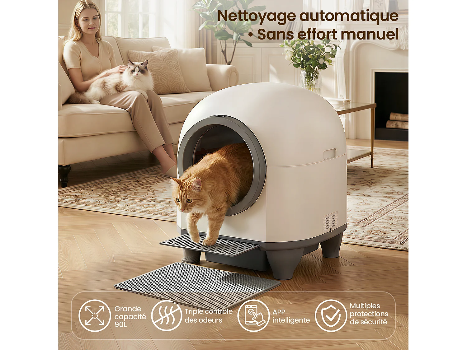 DEVOKE 90L Bac à litière pour chat autonettoyant, élimination des odeurs, équipé de capteurs infrarouges et contrôle APP, fourni avec sacs poubelle, taille extra l