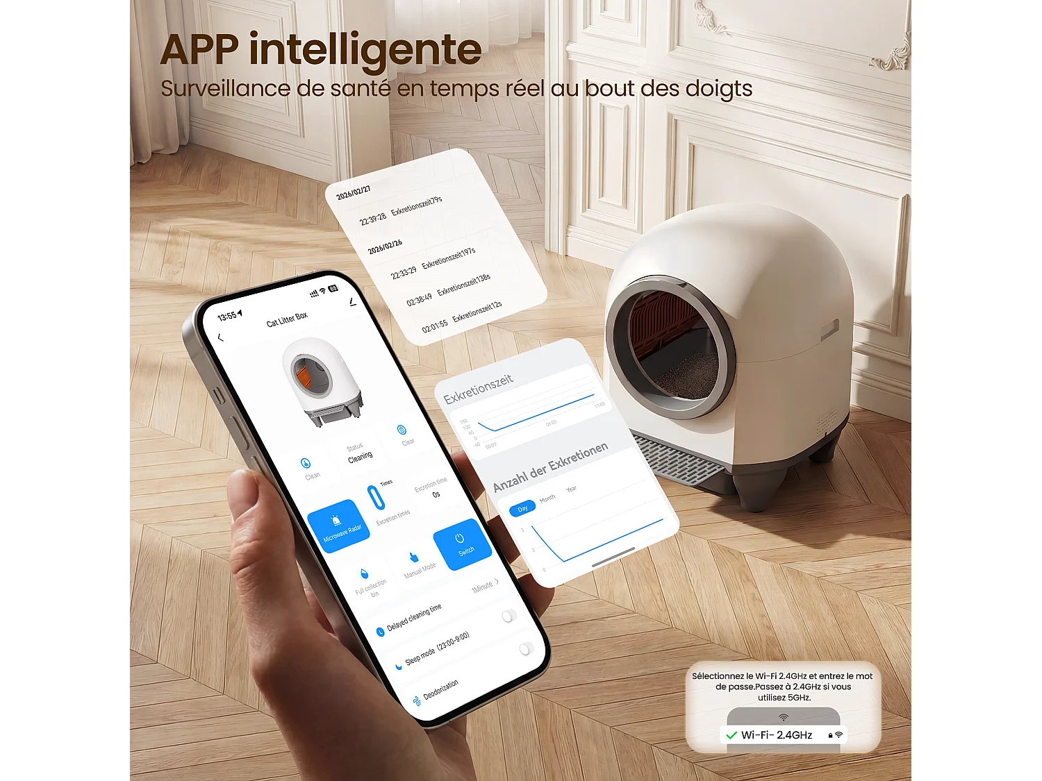 DEVOKE 90L Bac à litière pour chat autonettoyant, élimination des odeurs, équipé de capteurs infrarouges et contrôle APP, fourni avec sacs poubelle, taille extra l