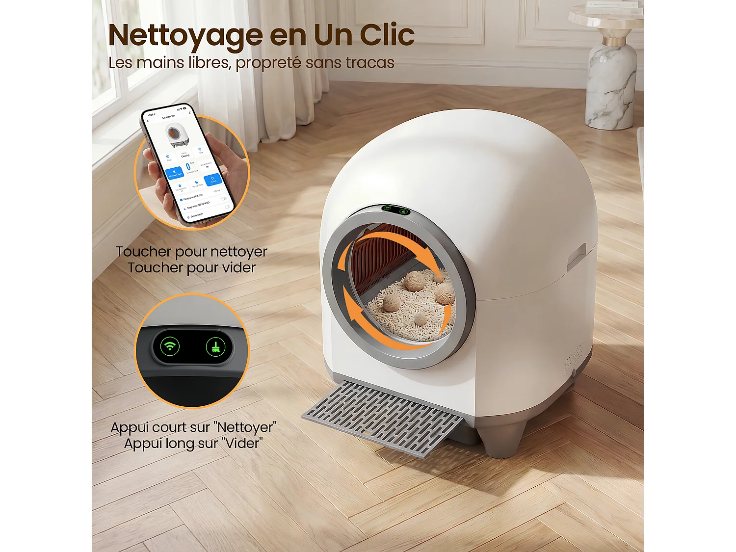 DEVOKE 90L Bac à litière pour chat autonettoyant, élimination des odeurs, équipé de capteurs infrarouges et contrôle APP, fourni avec sacs poubelle, taille extra l