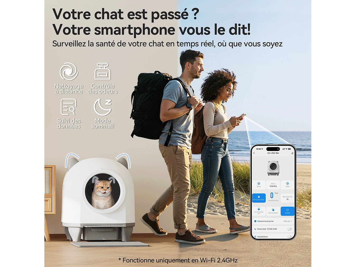 DEVOKE XXXL Bac à litière pour chat autonettoyant, élimination des odeurs, équipé de capteurs infrarouges et contrôle APP, fourni avec sacs poubelle, taille extra l