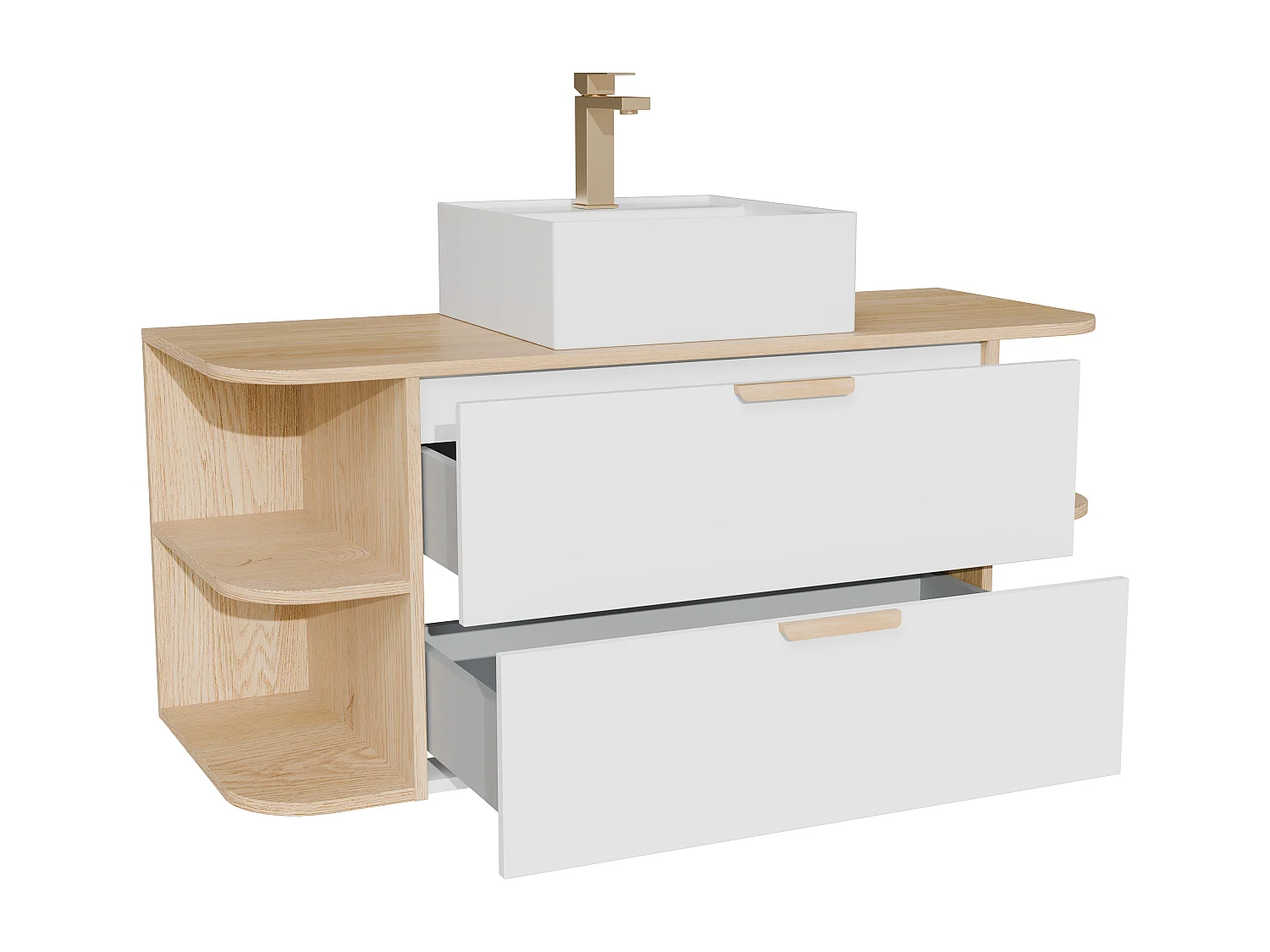 Meuble de salle de bain suspendu avec niches, vasque à poser carrée et robinet – Blanc et naturel clair – L120 cm – AVORELI