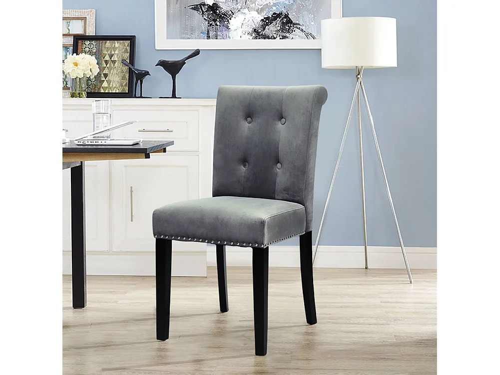 Light Grey Velvet Dining Chair with Button Back Nailhead Trim