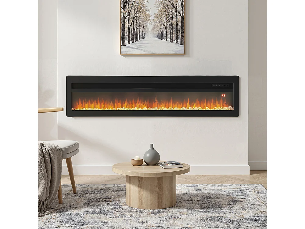 60-Inch Black Electric Fireplace Heater 12 Flame Colours Remote Control Wall Mounted Recessed or Freestanding
