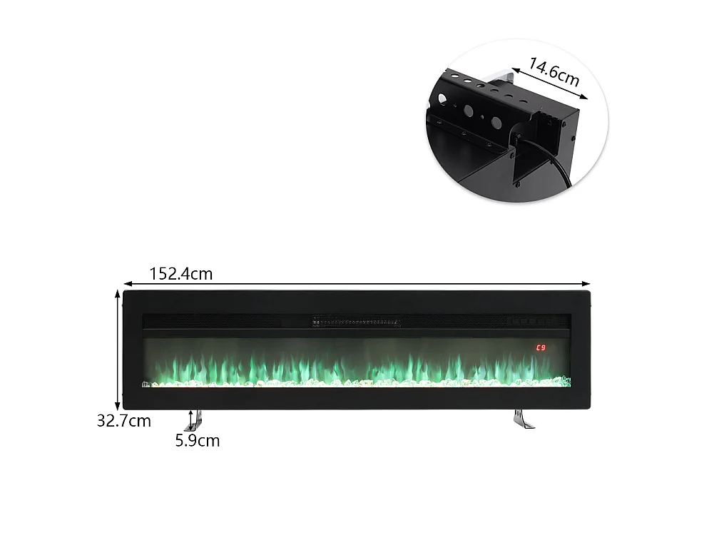 60-Inch Black Electric Fireplace Heater 12 Flame Colours Remote Control Wall Mounted Recessed or Freestanding
