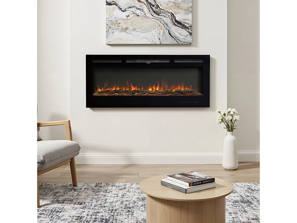 50-Inch Black Electric Fireplace Heater 12 Flame Colours Remote Control Wall Wall Mounted or Recessed