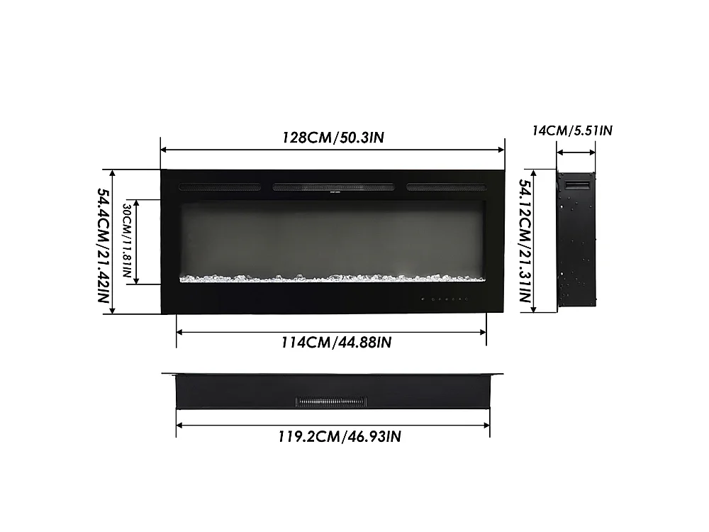 50-Inch Black Electric Fireplace Heater 12 Flame Colours Remote Control Wall Wall Mounted or Recessed