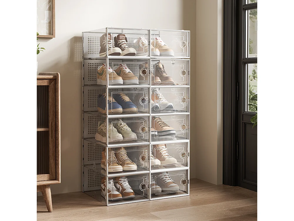 12 Pack White Transparent Stackable Shoe Storage Boxes