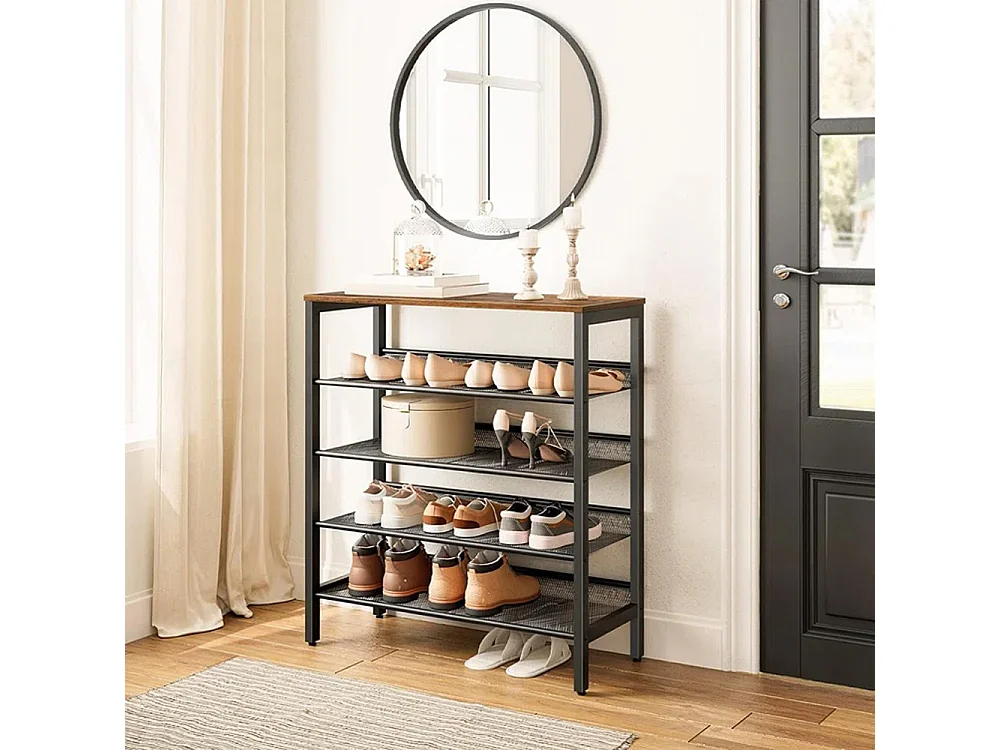 5-Tier Industrial Metal Shoe Rack with Rustic Wood Top