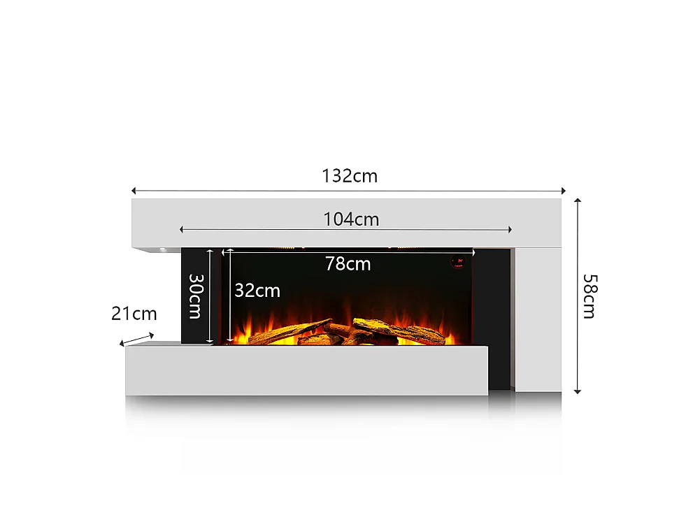132cm White Electric Fireplace Heater with 7 Day Timer Remote Control Wall Mounted