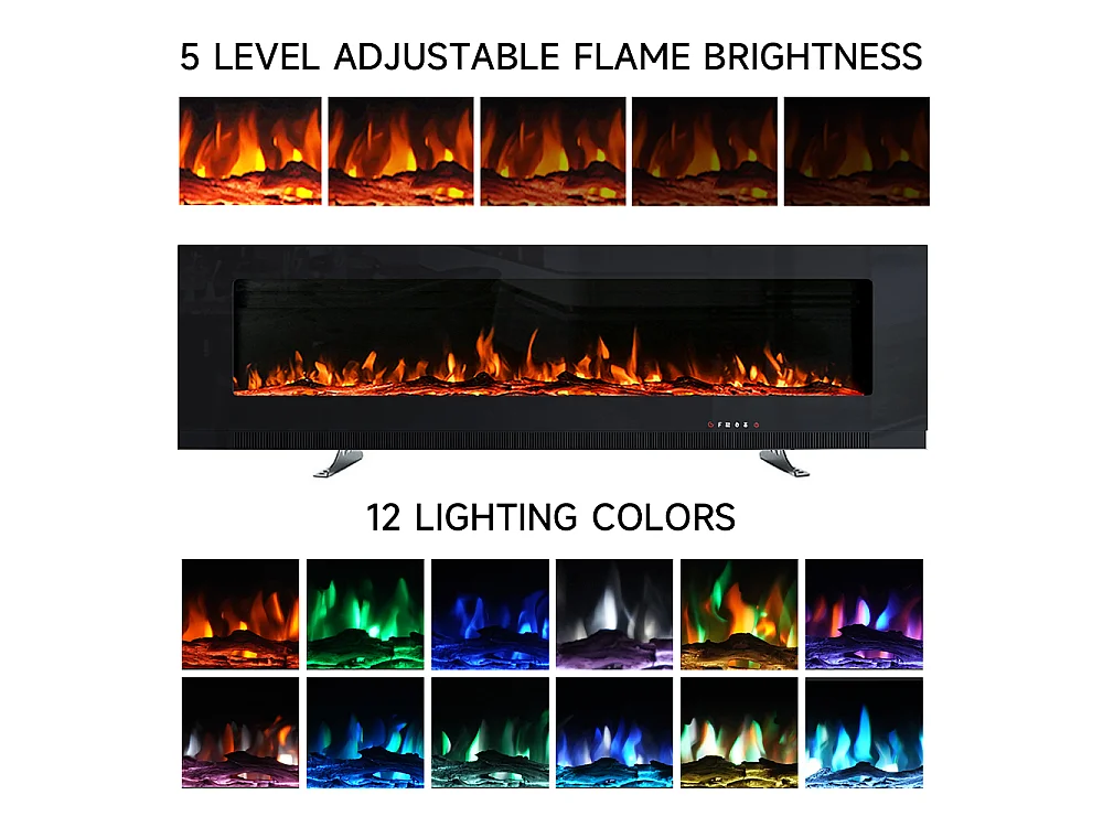 50-Inch Electric Fireplace Heater with 12 Adjustable Flame & Remote Control - Wall Mounted or Freestanding