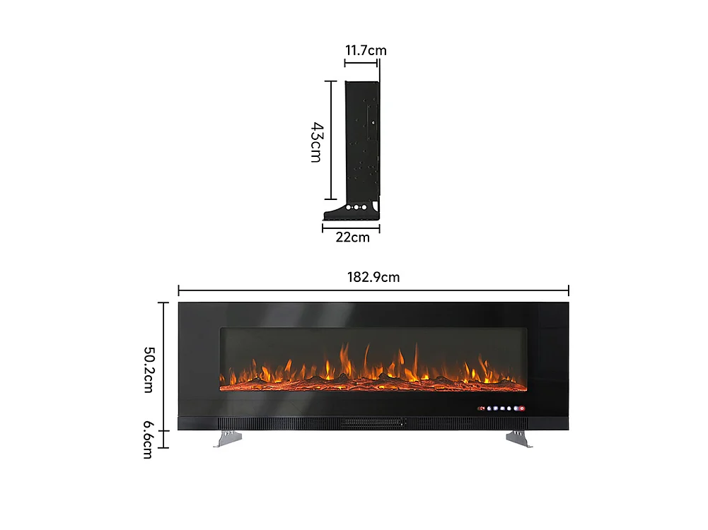 72-Inch Electric Fireplace Heater with 12 Adjustable Flame Colours & Remote Control - Wall Mounted or Freestanding