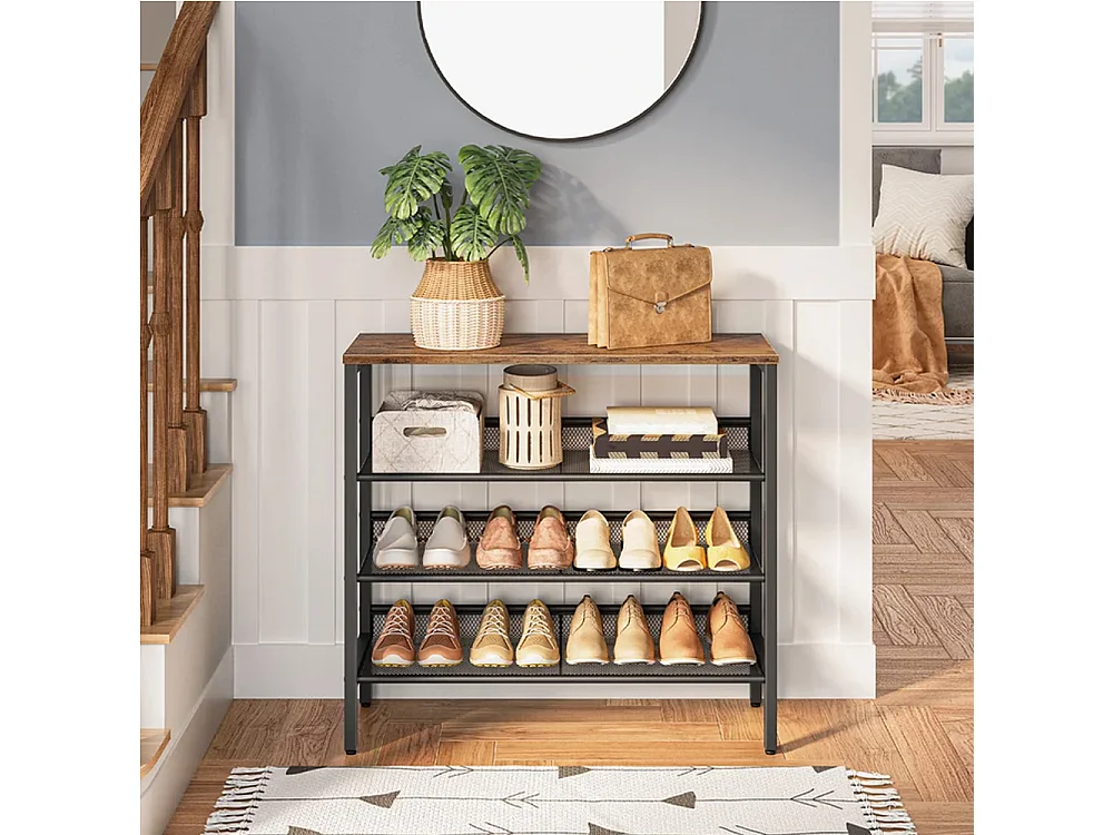 4-Tier Industrial Metal Shoe Rack with Rustic Wood Top