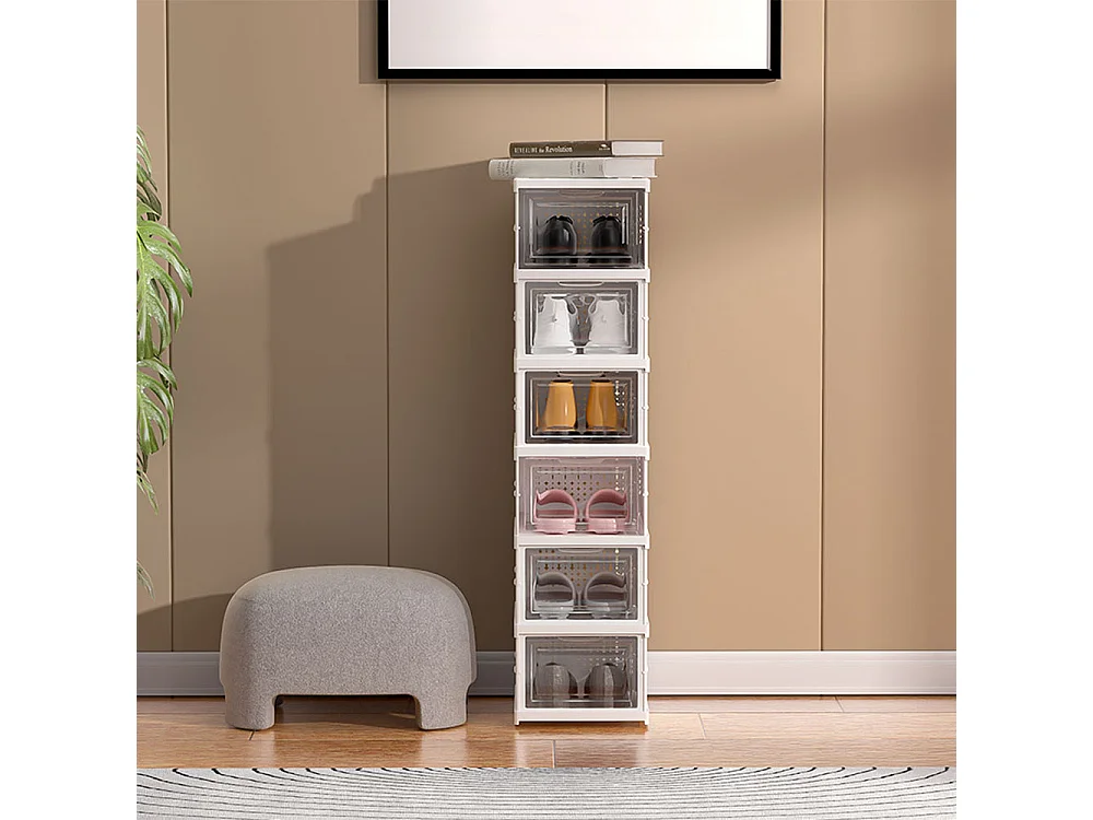 6-Tier White Foldable Shoe Storage Box Unit