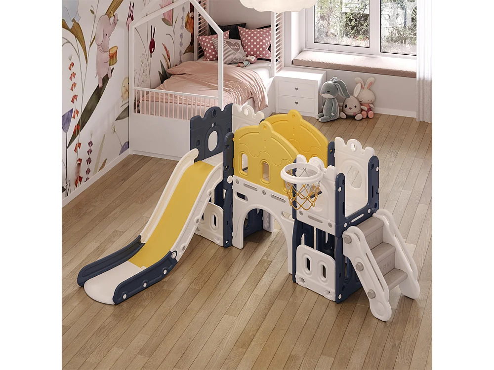 Kids 4-in-1 Slide Playset with Basketball Hoop & Ball Pit - Blue & Yellow